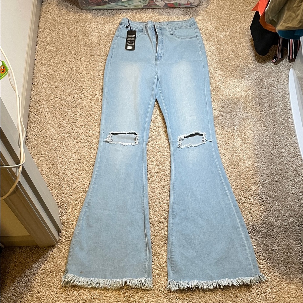 Sky Blue Frayed Hem Flare Jeans